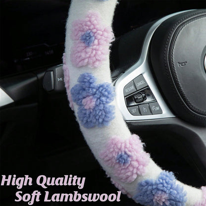 1pc Car Plush Flowers Steering Wheel Cover, Cute Floral Fuzzy Elastic Non-Slip Steering Wheel Protector, Fluffy Auto Interior Decor For SUV Sedan Truck, 14.5-15