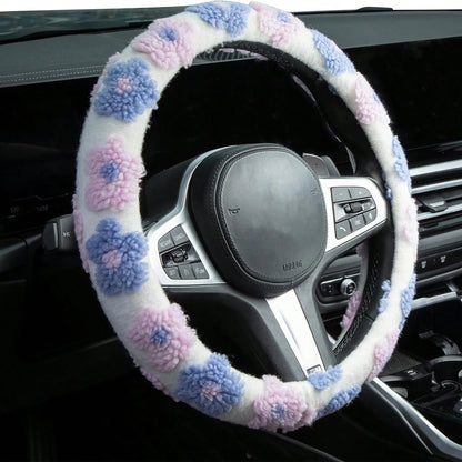 1pc Car Plush Flowers Steering Wheel Cover, Cute Floral Fuzzy Elastic Non-Slip Steering Wheel Protector, Fluffy Auto Interior Decor For SUV Sedan Truck, 14.5-15