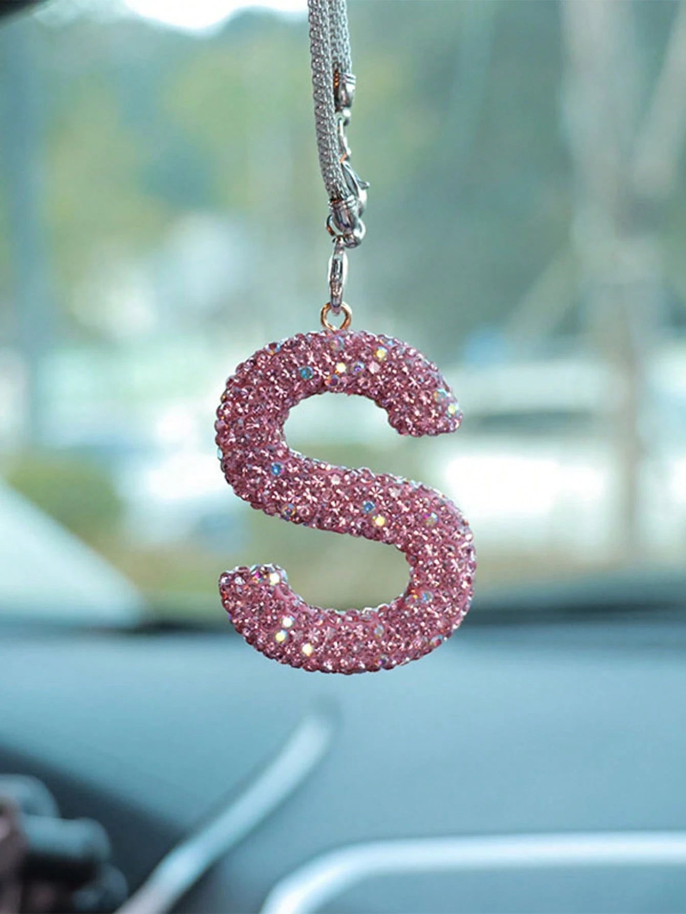1pc Car Rearview Mirror Decoration With Full Diamond Letters Car Interior Pendant Car Interior Decoration Accessories