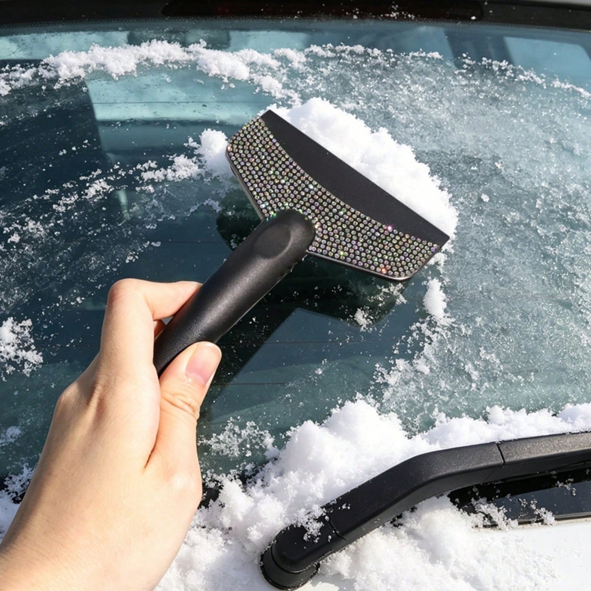 1pc Car Rhinestone Ice Scraper With Long Handle, Frost Remover Brush For Windshield, Stainless Steel Scraper, Car Winter Accessory Suitable For Cars, Trucks, SUVs, Snow Shovel