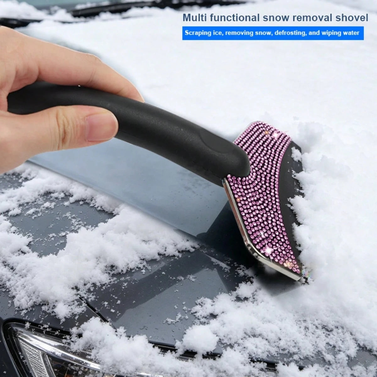 1pc Car Rhinestone Ice Scraper With Long Handle, Frost Remover Brush For Windshield, Stainless Steel Scraper, Car Winter Accessory Suitable For Cars, Trucks, SUVs, Snow Shovel