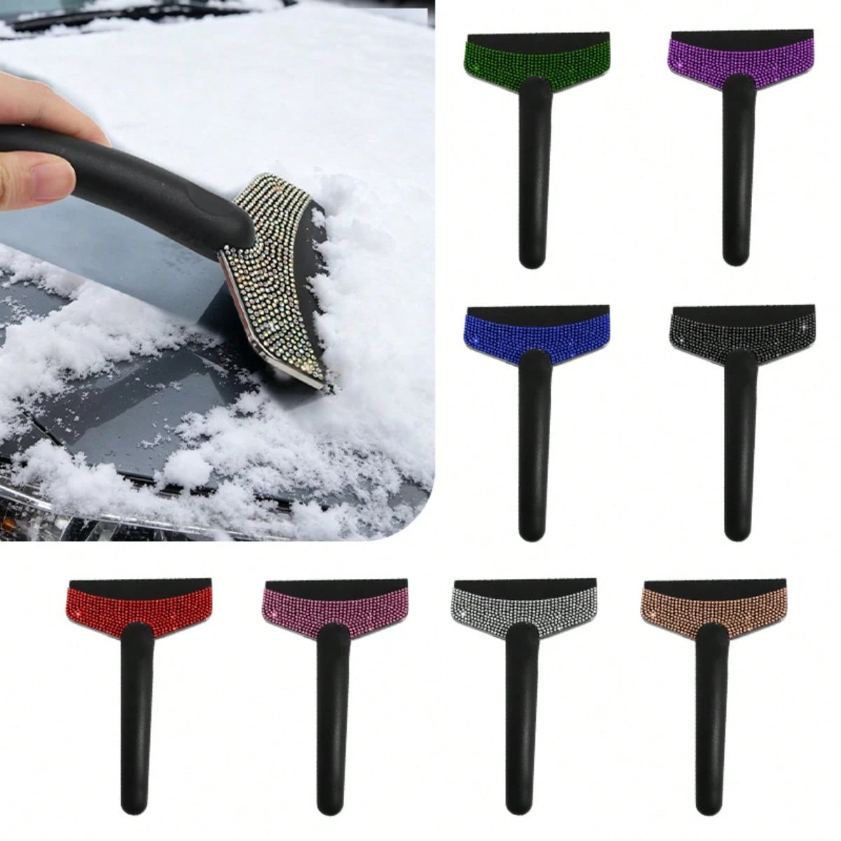 1pc Car Rhinestone Ice Scraper With Long Handle, Frost Remover Brush For Windshield, Stainless Steel Scraper, Car Winter Accessory Suitable For Cars, Trucks, SUVs, Snow Shovel