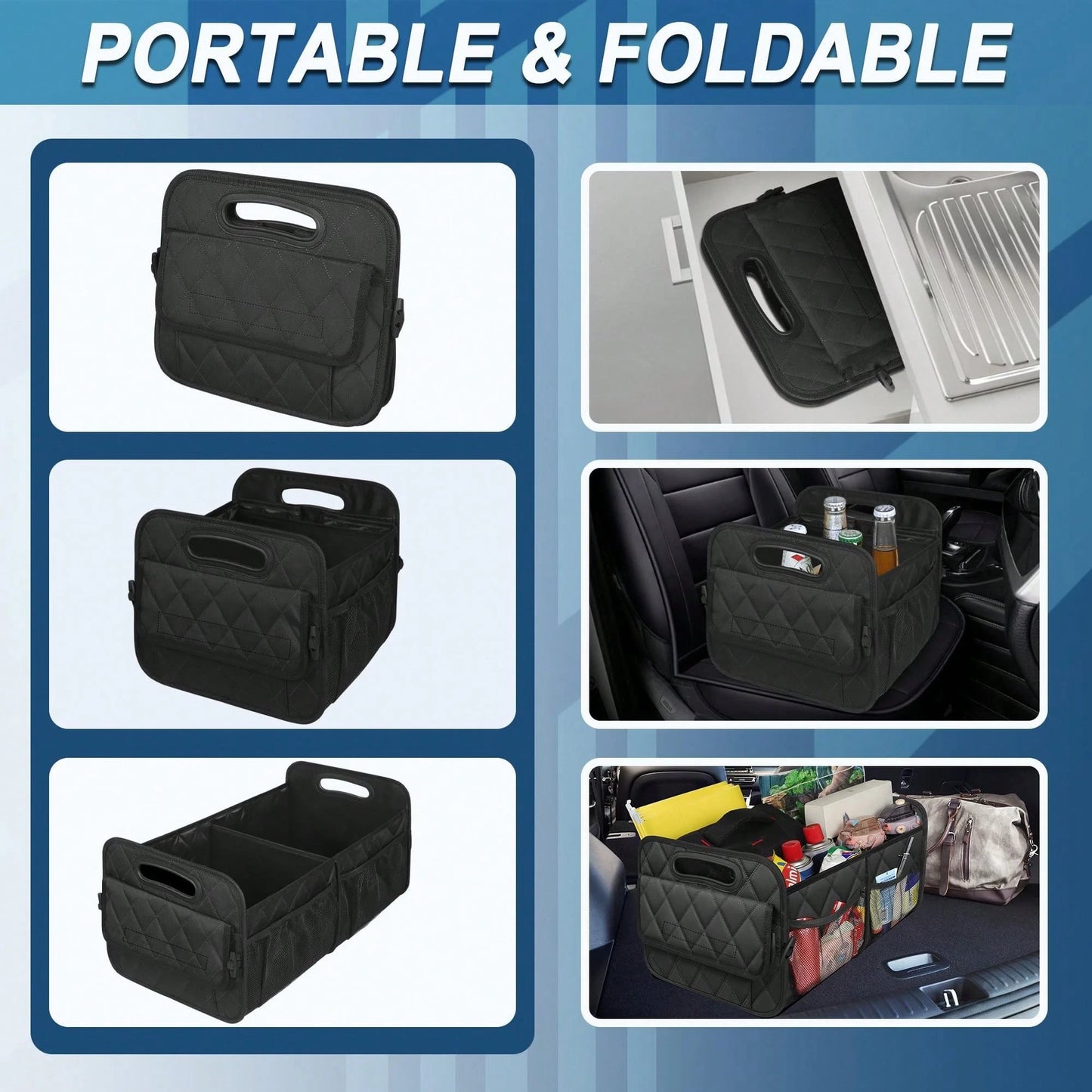 1PC Car Trunk Organizer Bag, 6-Pocket Design, 50L Waterproof Polyester Material, Black, Unisex. 1 Car Trunk Organizer Bag- Car Storage Box With 6 Pockets- Car Accessories- Luggage- Trunk