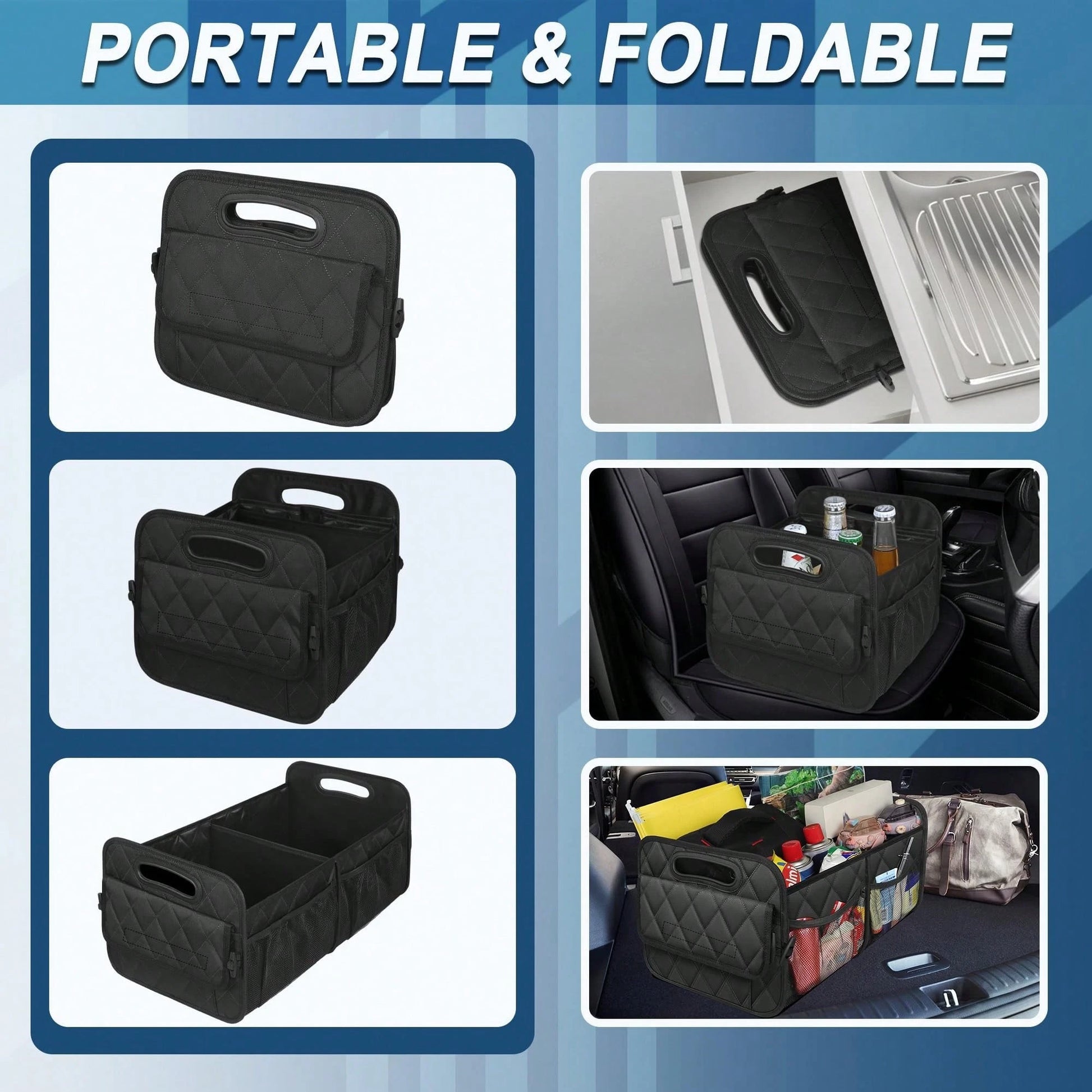 1PC Car Trunk Organizer Bag, 6-Pocket Design, 50L Waterproof Polyester Material, Black, Unisex. 1 Car Trunk Organizer Bag- Car Storage Box With 6 Pockets- Car Accessories- Luggage- Trunk