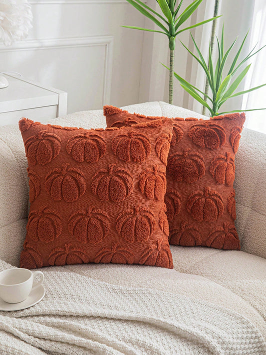 1pc Caramel Color Pumpkin Embroidered Cushion Cover, Farmhouse Style Square Decorative Pillow Sham Suitable For Living Room And Bedroom Home Decor, Pillow Insert Not Included
