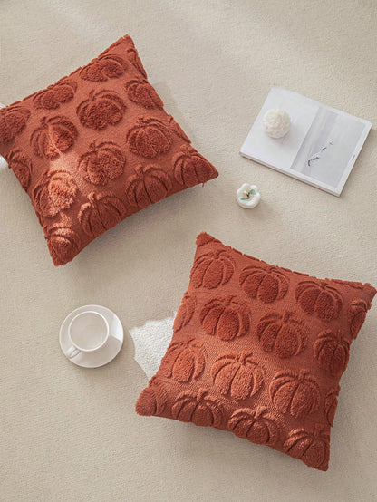 1pc Caramel Color Pumpkin Embroidered Cushion Cover, Farmhouse Style Square Decorative Pillow Sham Suitable For Living Room And Bedroom Home Decor, Pillow Insert Not Included