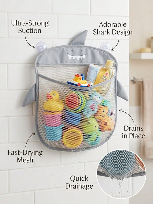 1pc Cartoon Shark Bathroom Storage Net Bag, Mesh Bathroom Storage Basket, Multi-Functional Hanging Storage Basket, Suitable For Bathroom And Supplies Storage, Baby Shower Gift, 1st Birthday Party Supp