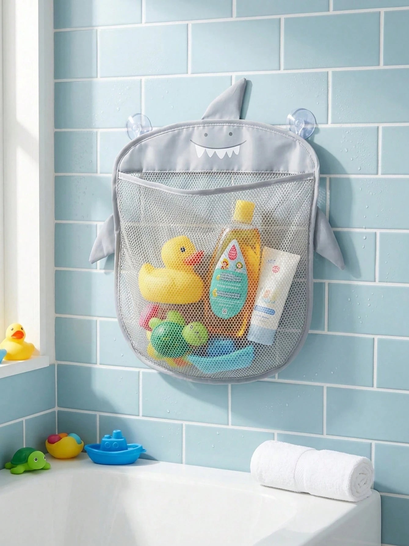 1pc Cartoon Shark Bathroom Storage Net Bag, Mesh Bathroom Storage Basket, Multi-Functional Hanging Storage Basket, Suitable For Bathroom And Supplies Storage, Baby Shower Gift, 1st Birthday Party Supp