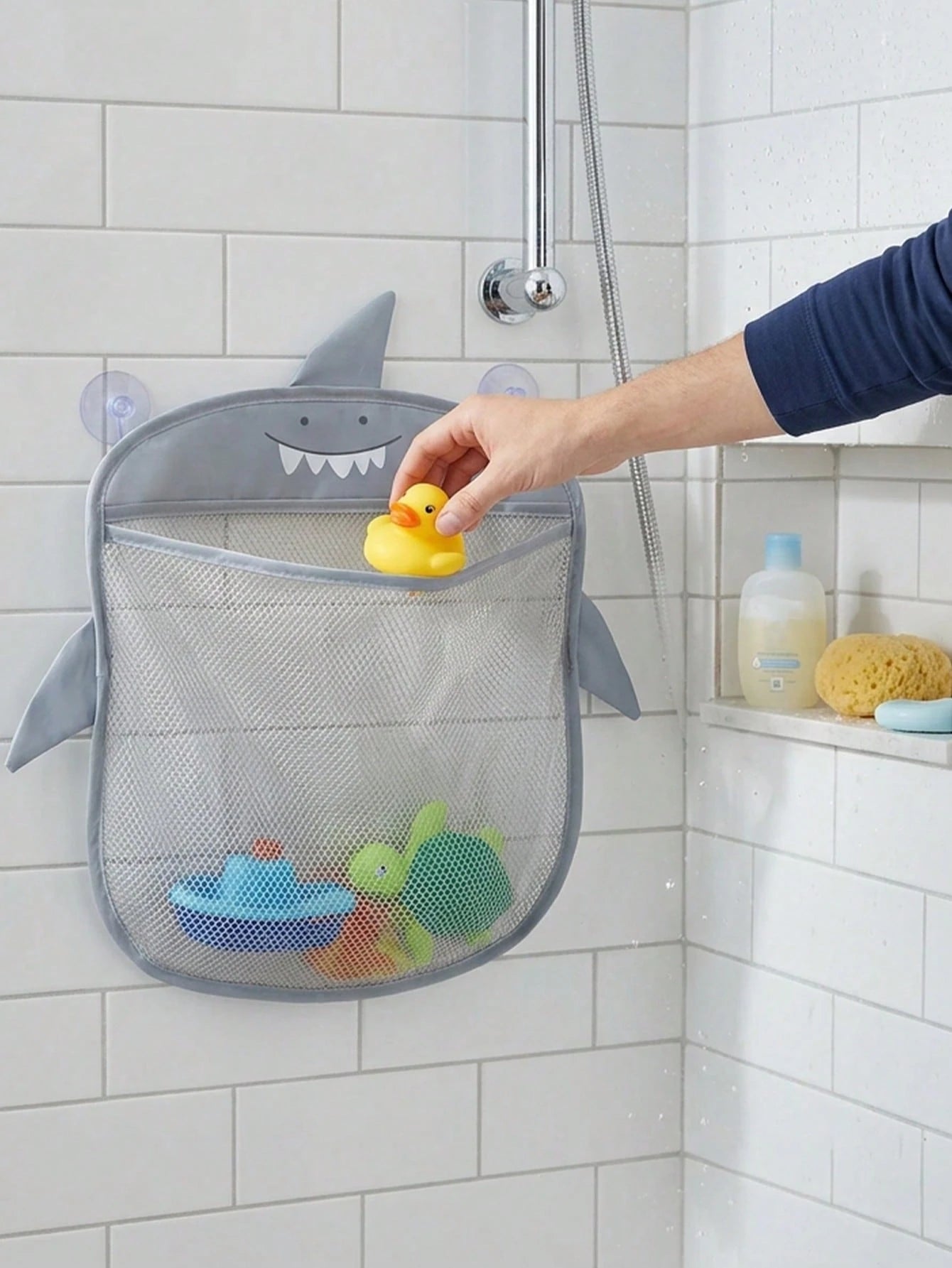 1pc Cartoon Shark Bathroom Storage Net Bag, Mesh Bathroom Storage Basket, Multi-Functional Hanging Storage Basket, Suitable For Bathroom And Supplies Storage, Baby Shower Gift, 1st Birthday Party Supp
