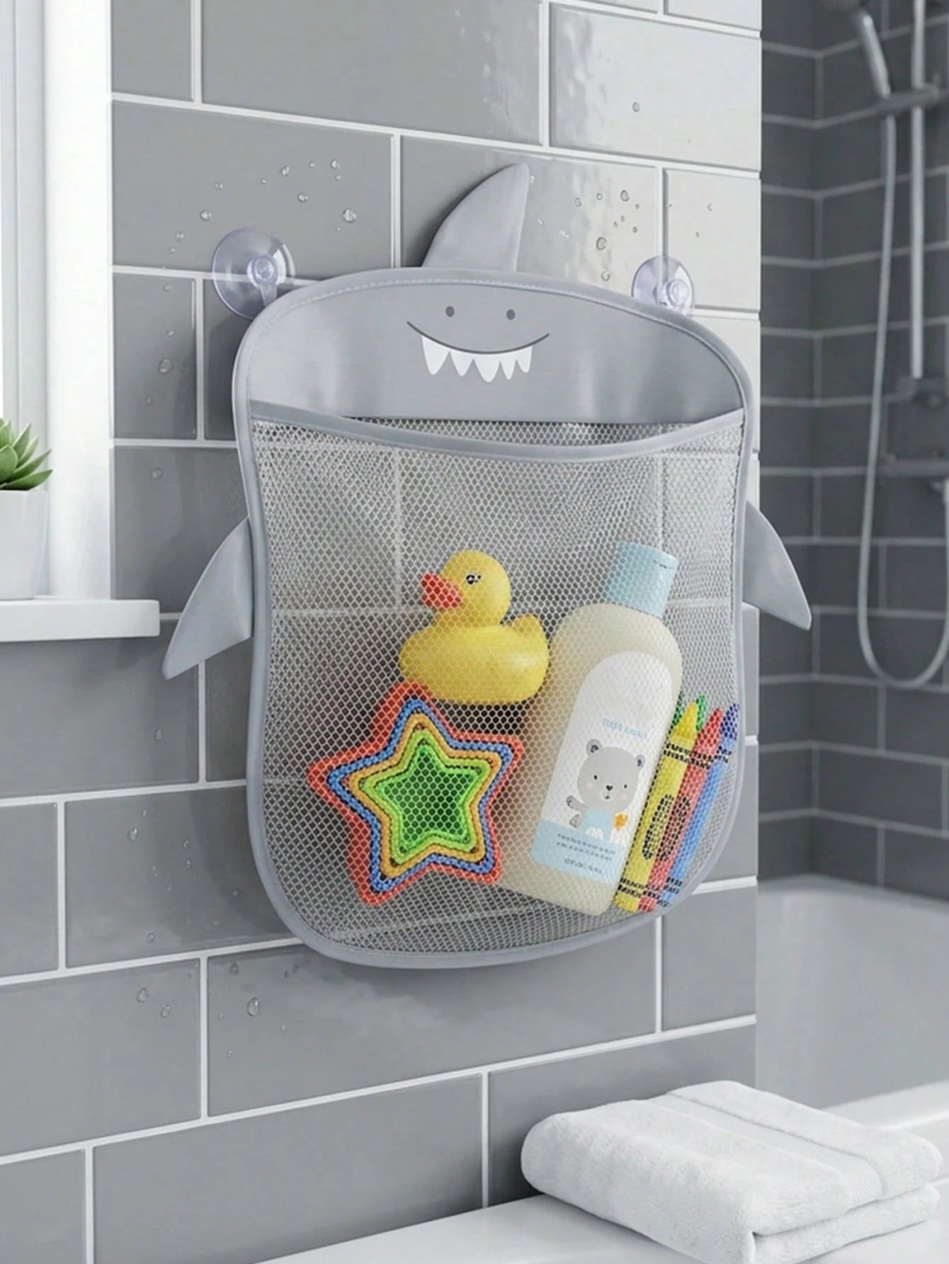 1pc Cartoon Shark Bathroom Storage Net Bag, Mesh Bathroom Storage Basket, Multi-Functional Hanging Storage Basket, Suitable For Bathroom And Supplies Storage, Baby Shower Gift, 1st Birthday Party Supp