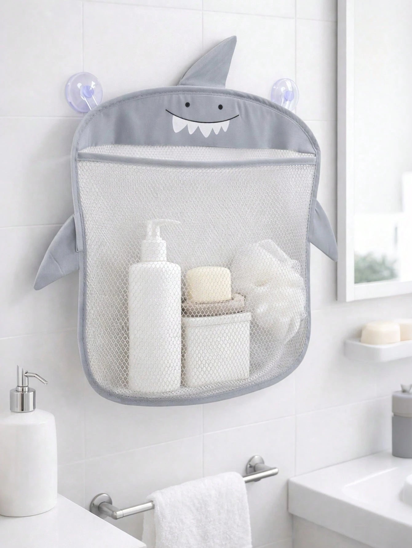 1pc Cartoon Shark Bathroom Storage Net Bag, Mesh Bathroom Storage Basket, Multi-Functional Hanging Storage Basket, Suitable For Bathroom And Supplies Storage, Baby Shower Gift, 1st Birthday Party Supp