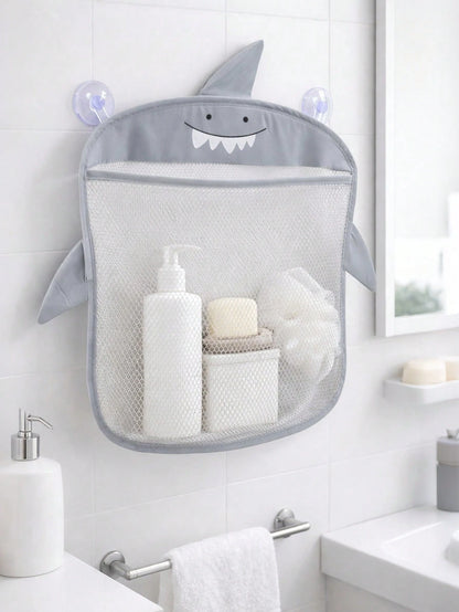1pc Cartoon Shark Bathroom Storage Net Bag, Mesh Bathroom Storage Basket, Multi-Functional Hanging Storage Basket, Suitable For Bathroom And Supplies Storage, Baby Shower Gift, 1st Birthday Party Supp