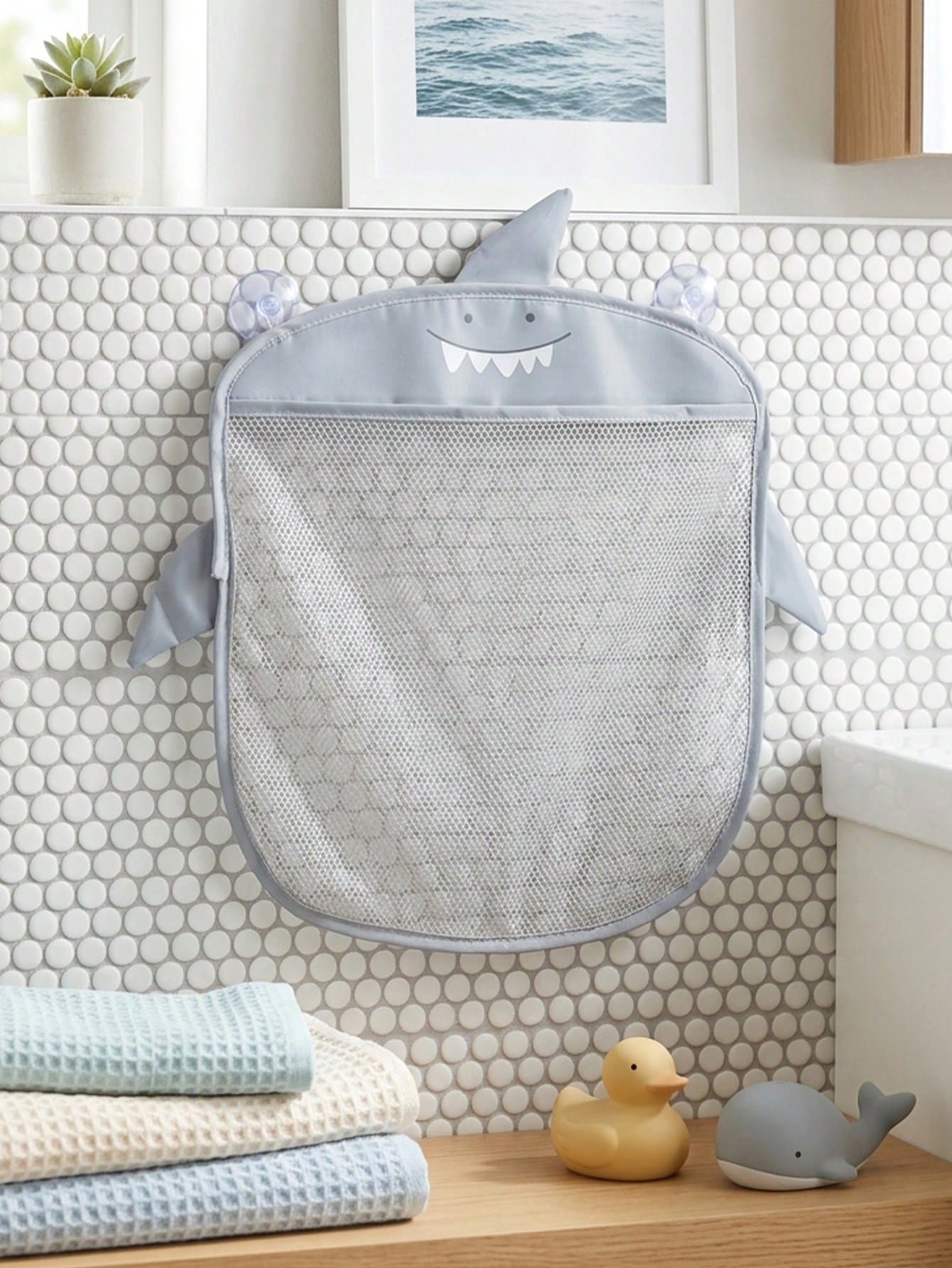 1pc Cartoon Shark Bathroom Storage Net Bag, Mesh Bathroom Storage Basket, Multi-Functional Hanging Storage Basket, Suitable For Bathroom And Supplies Storage, Baby Shower Gift, 1st Birthday Party Supp