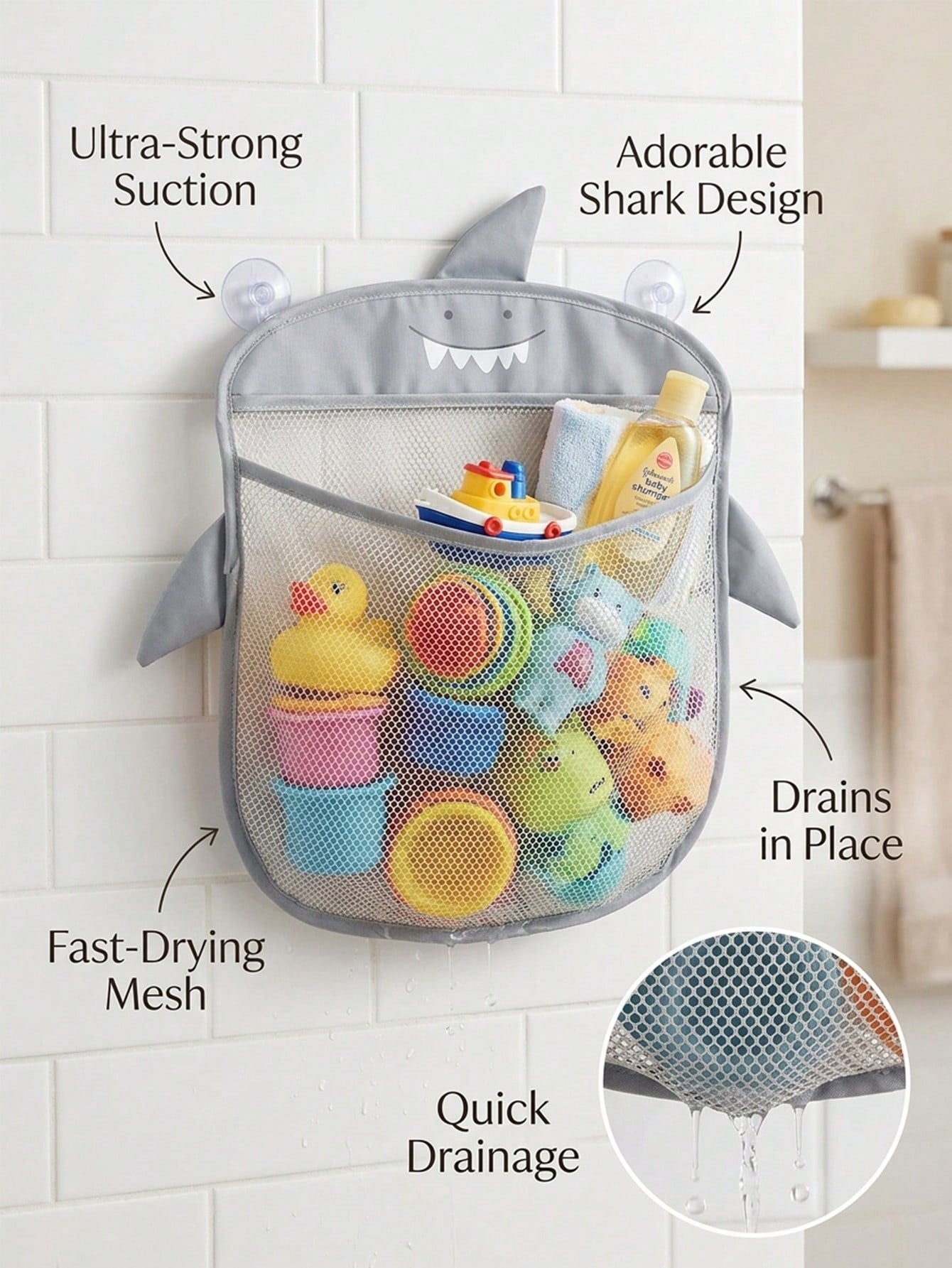 1pc Cartoon Shark Bathroom Storage Net Bag, Mesh Bathroom Storage Basket, Multi-Functional Hanging Storage Basket, Suitable For Bathroom And Supplies Storage, Baby Shower Gift, 1st Birthday Party Supp