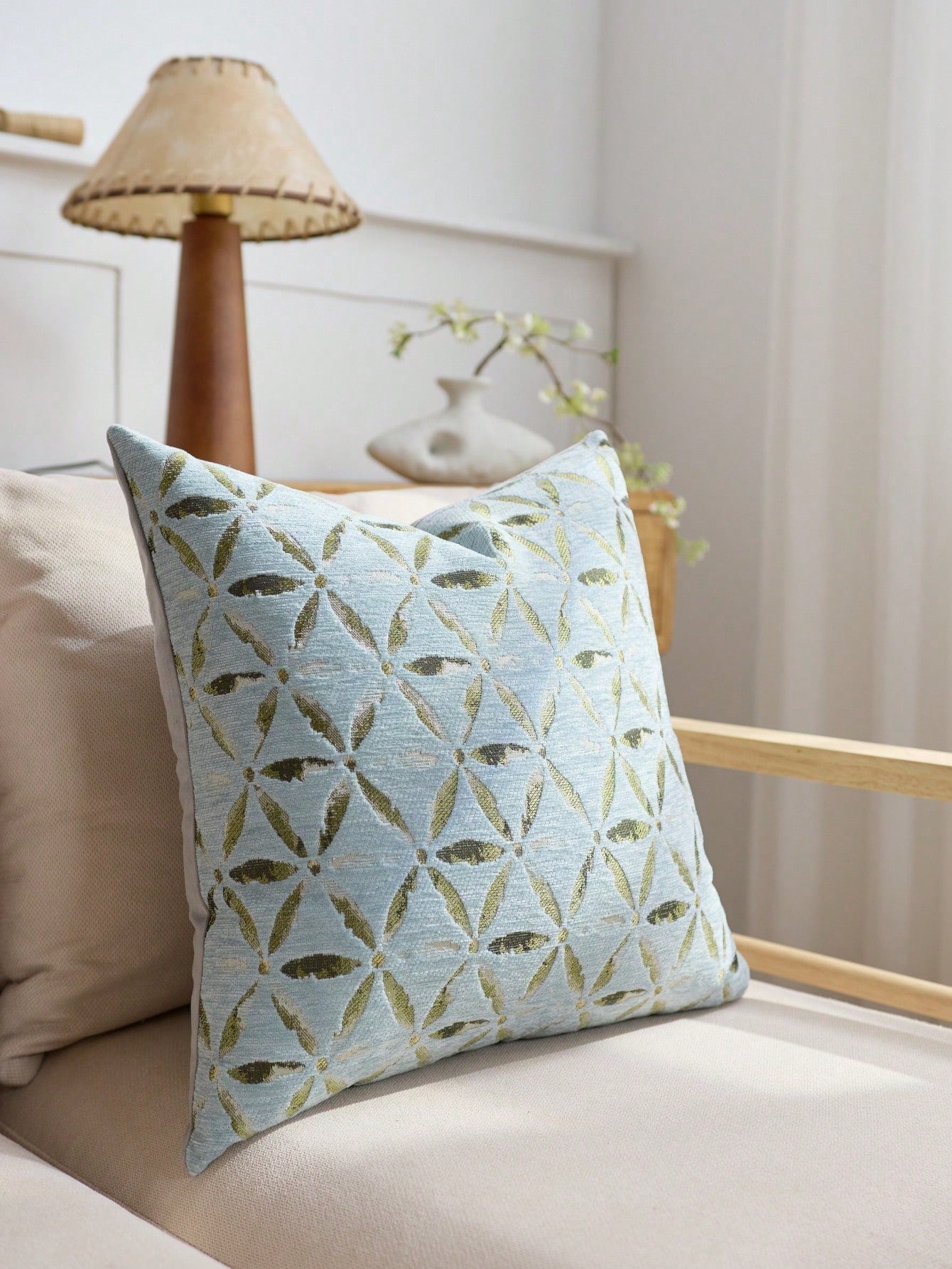 1pc Chenille Floral Jacquard Pillow Cover, Farmhouse Style Square Cushion Cover, Suitable For Sofa, Bed, Chair, Living Room, Bedroom, Car Decor, Light Blue