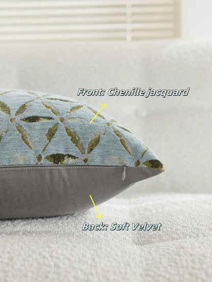 1pc Chenille Floral Jacquard Pillow Cover, Farmhouse Style Square Cushion Cover, Suitable For Sofa, Bed, Chair, Living Room, Bedroom, Car Decor, Light Blue