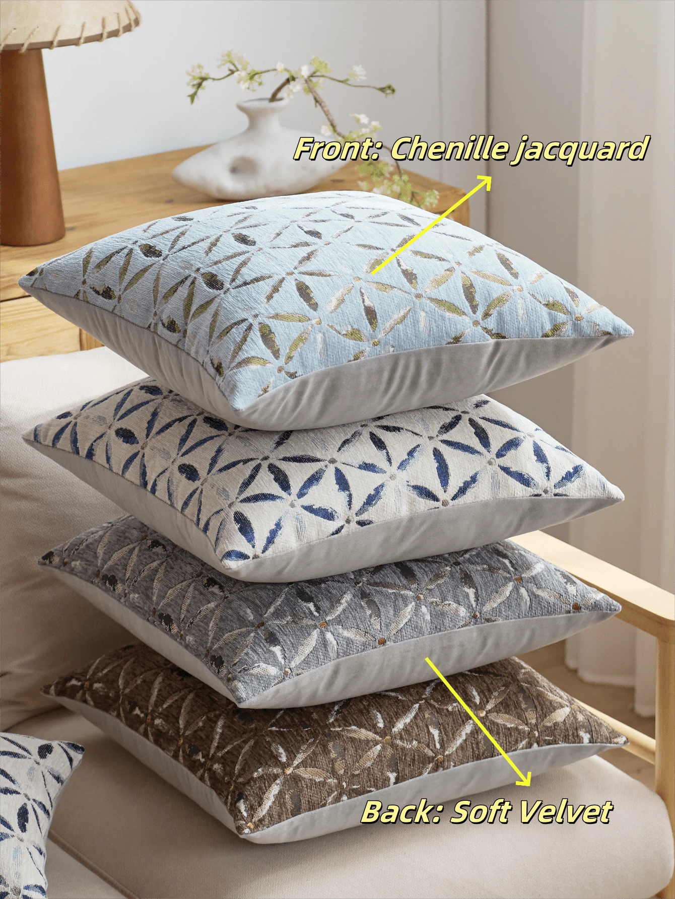 1pc Chenille Floral Jacquard Pillow Cover, Farmhouse Style Square Cushion Cover, Suitable For Sofa, Bed, Chair, Living Room, Bedroom, Car Decor, Light Blue