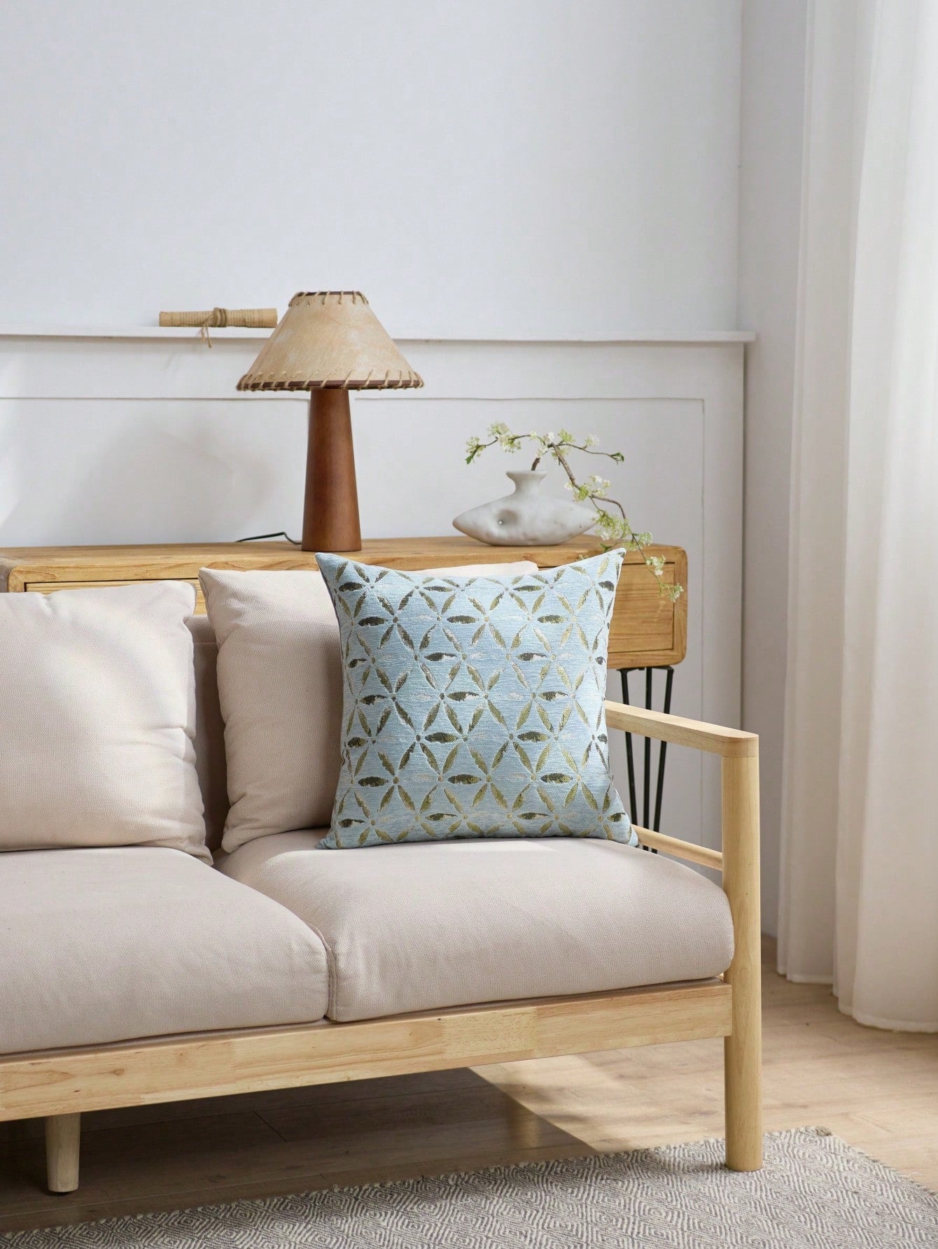 1pc Chenille Floral Jacquard Pillow Cover, Farmhouse Style Square Cushion Cover, Suitable For Sofa, Bed, Chair, Living Room, Bedroom, Car Decor, Light Blue