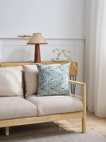 1pc Chenille Floral Jacquard Pillow Cover, Farmhouse Style Square Cushion Cover, Suitable For Sofa, Bed, Chair, Living Room, Bedroom, Car Decor, Light Blue