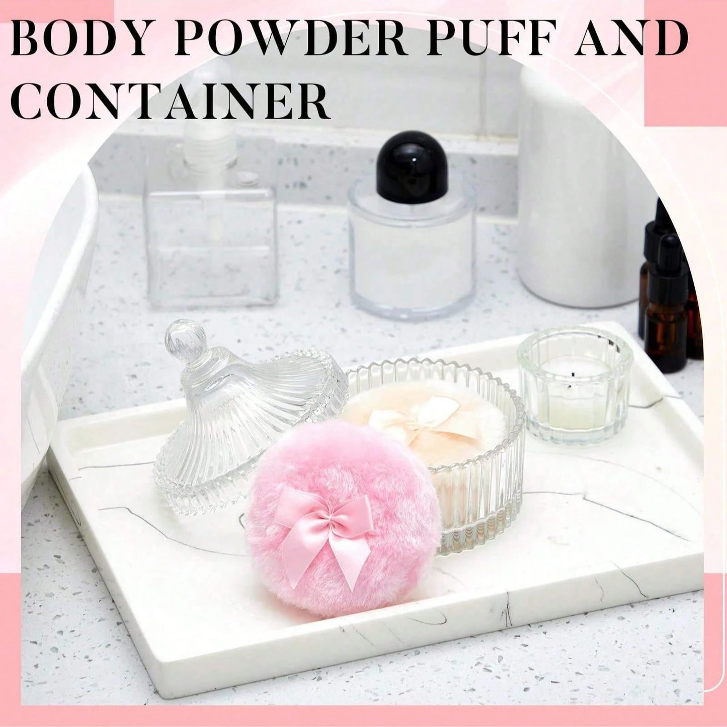 1Pc Clear Ribbed Glass Cosmetic Storage Jar With Lid & Powder Puff, Dustproof Multifunctional Vanity Organizer, Space-Saving Container For Loose Powder Jewelry Small Items, Elegant Bathroom Countertop