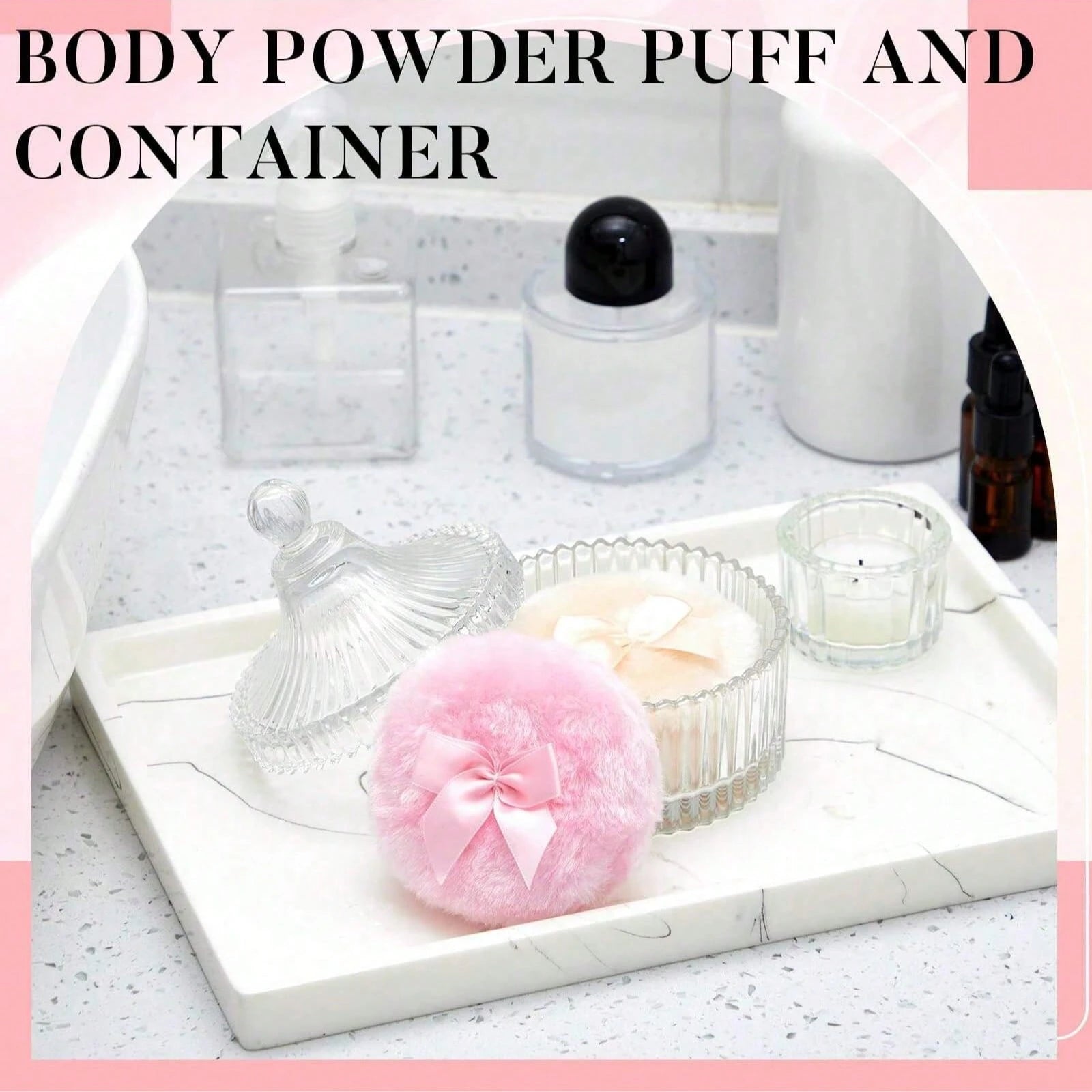 1Pc Clear Ribbed Glass Cosmetic Storage Jar With Lid & Powder Puff, Dustproof Multifunctional Vanity Organizer, Space-Saving Container For Loose Powder Jewelry Small Items, Elegant Bathroom Countertop