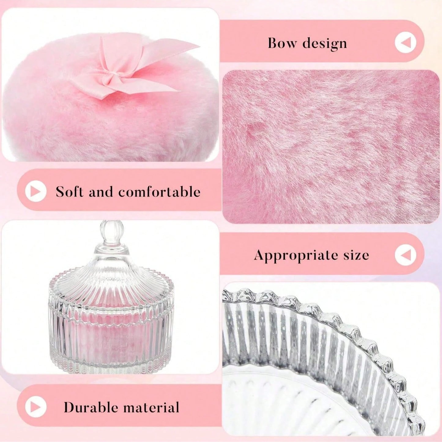 1Pc Clear Ribbed Glass Cosmetic Storage Jar With Lid & Powder Puff, Dustproof Multifunctional Vanity Organizer, Space-Saving Container For Loose Powder Jewelry Small Items, Elegant Bathroom Countertop