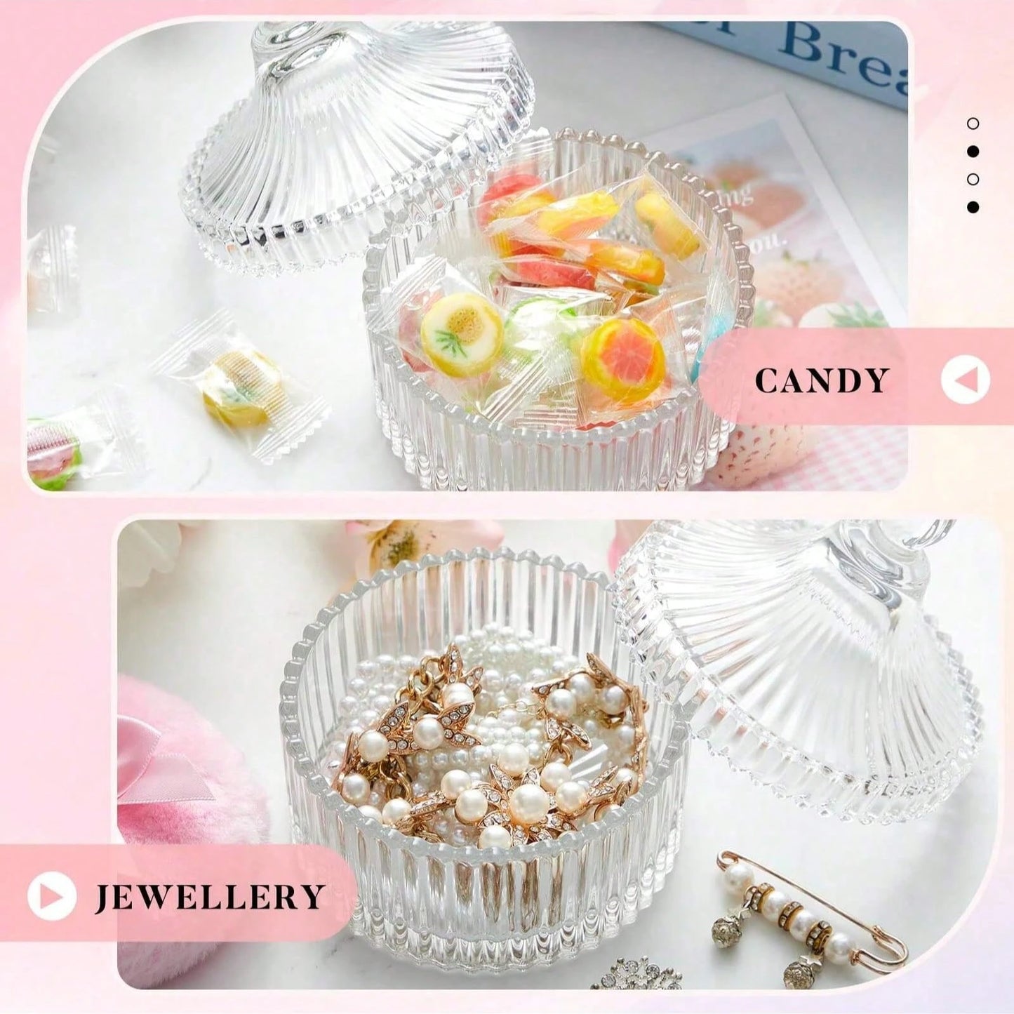 1Pc Clear Ribbed Glass Cosmetic Storage Jar With Lid & Powder Puff, Dustproof Multifunctional Vanity Organizer, Space-Saving Container For Loose Powder Jewelry Small Items, Elegant Bathroom Countertop