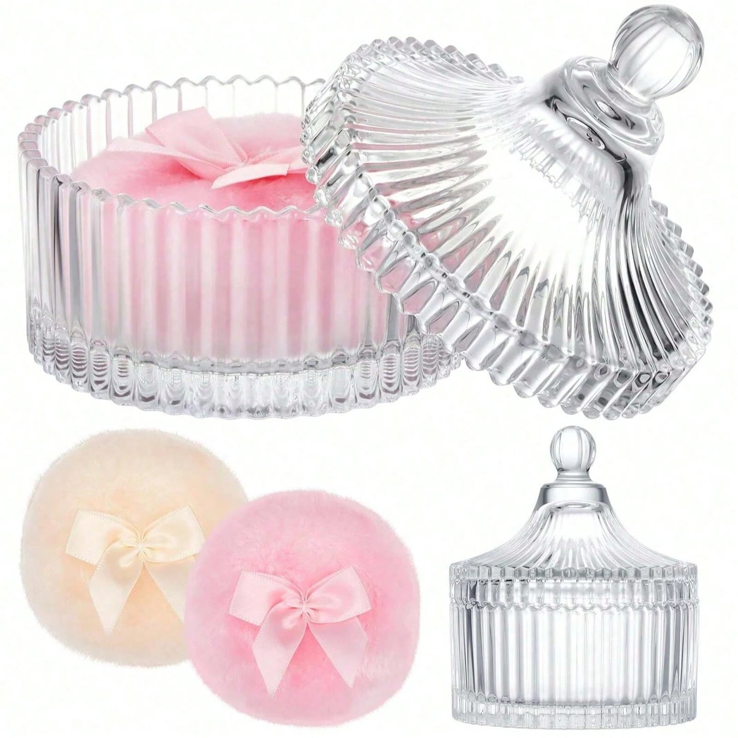 1Pc Clear Ribbed Glass Cosmetic Storage Jar With Lid & Powder Puff, Dustproof Multifunctional Vanity Organizer, Space-Saving Container For Loose Powder Jewelry Small Items, Elegant Bathroom Countertop