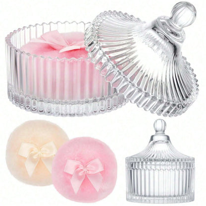 1Pc Clear Ribbed Glass Cosmetic Storage Jar With Lid & Powder Puff, Dustproof Multifunctional Vanity Organizer, Space-Saving Container For Loose Powder Jewelry Small Items, Elegant Bathroom Countertop