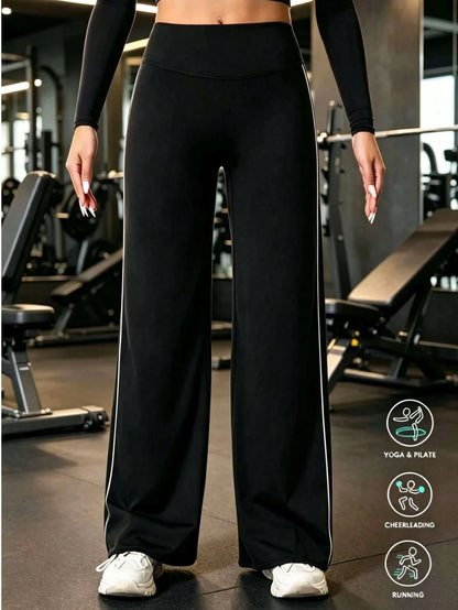 1pc Color Block Striped Yoga Pants Casual Sports Polka Dot Straight Leg High Waist Slimming Tummy Control Dance Wide Leg Long Pants For Women Black