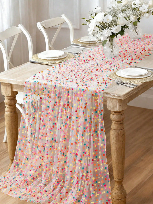 1pc Colorful Mesh Tablecloth, Colorful Polka Dot Pattern Mesh Table Cover, Baby Shower Party Table Mat, Dining Table Centerpiece Decoration, Kitchen Dinner Table Decoration, Birthday Party Decoration