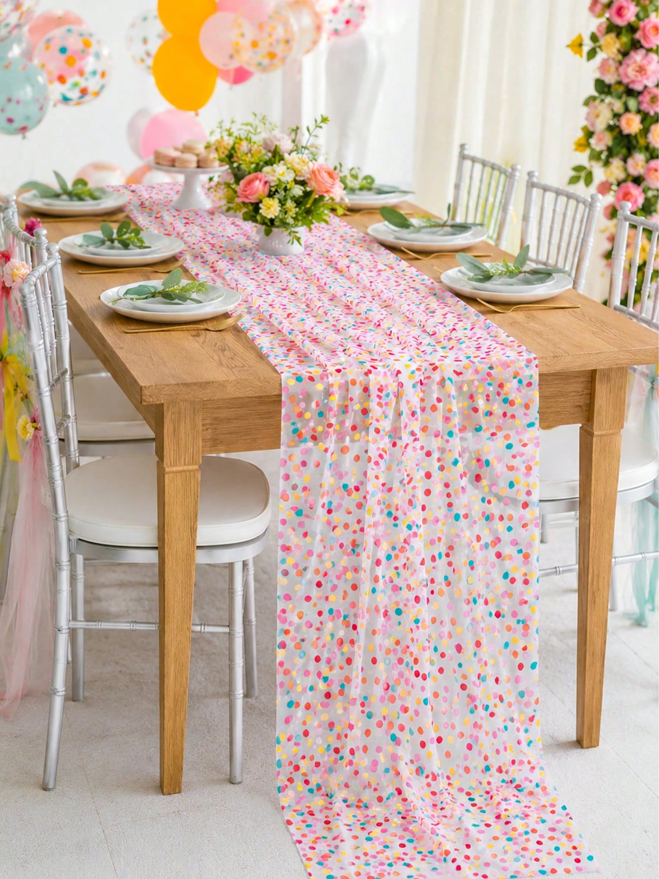 1pc Colorful Mesh Tablecloth, Colorful Polka Dot Pattern Mesh Table Cover, Baby Shower Party Table Mat, Dining Table Centerpiece Decoration, Kitchen Dinner Table Decoration, Birthday Party Decoration