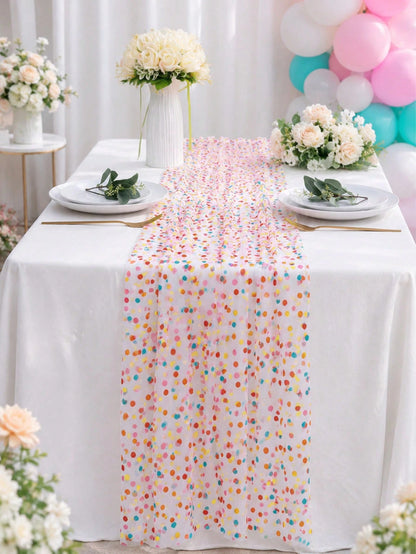 1pc Colorful Mesh Tablecloth, Colorful Polka Dot Pattern Mesh Table Cover, Baby Shower Party Table Mat, Dining Table Centerpiece Decoration, Kitchen Dinner Table Decoration, Birthday Party Decoration