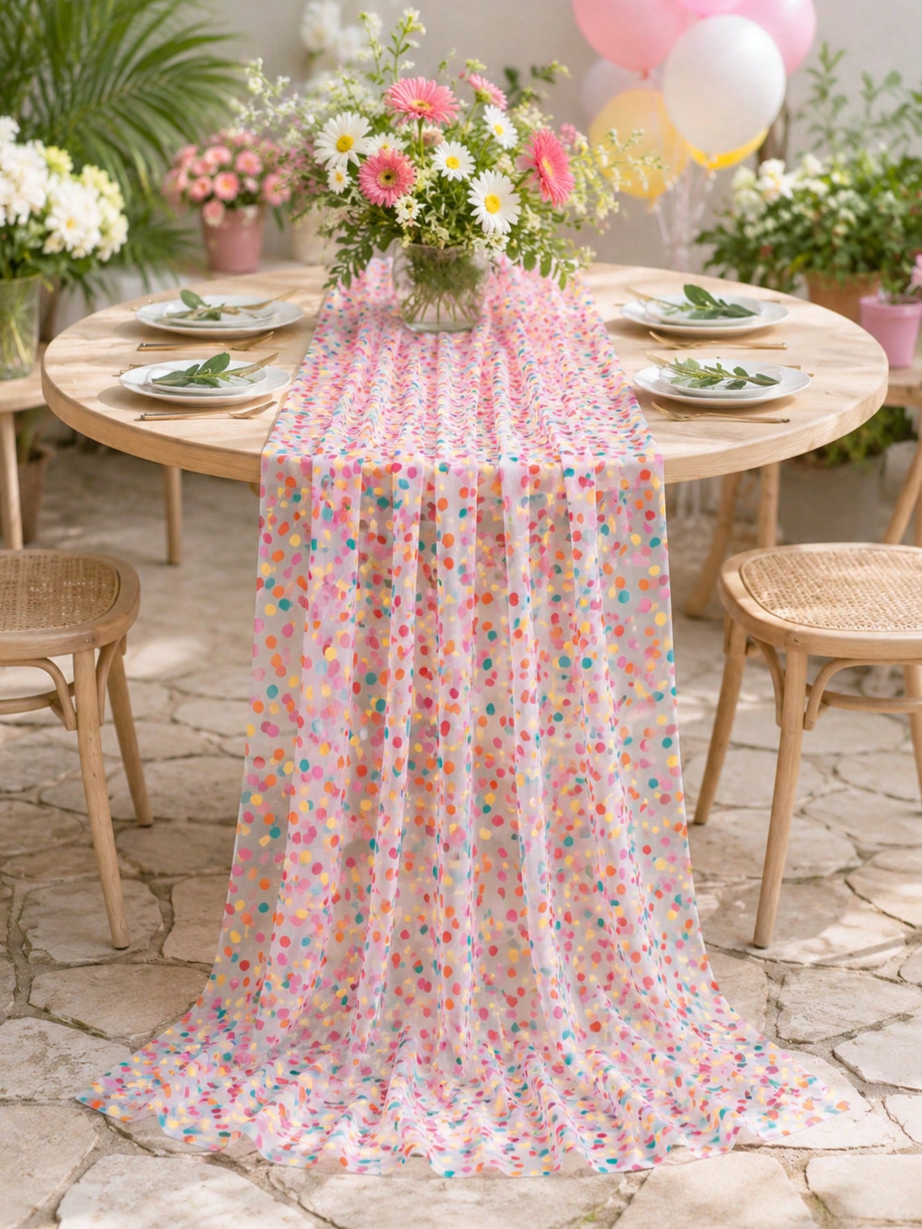 1pc Colorful Mesh Tablecloth, Colorful Polka Dot Pattern Mesh Table Cover, Baby Shower Party Table Mat, Dining Table Centerpiece Decoration, Kitchen Dinner Table Decoration, Birthday Party Decoration