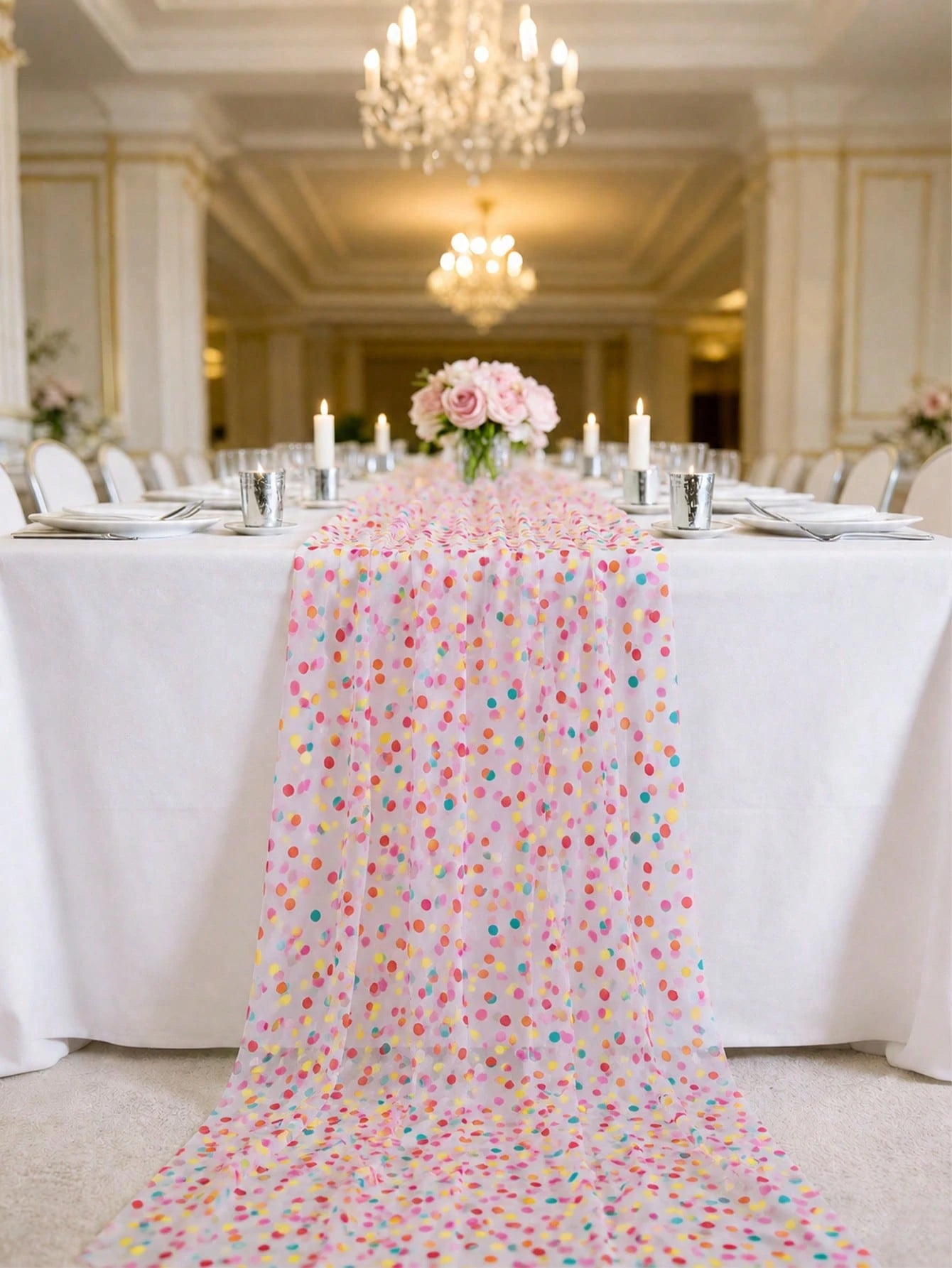1pc Colorful Mesh Tablecloth, Colorful Polka Dot Pattern Mesh Table Cover, Baby Shower Party Table Mat, Dining Table Centerpiece Decoration, Kitchen Dinner Table Decoration, Birthday Party Decoration