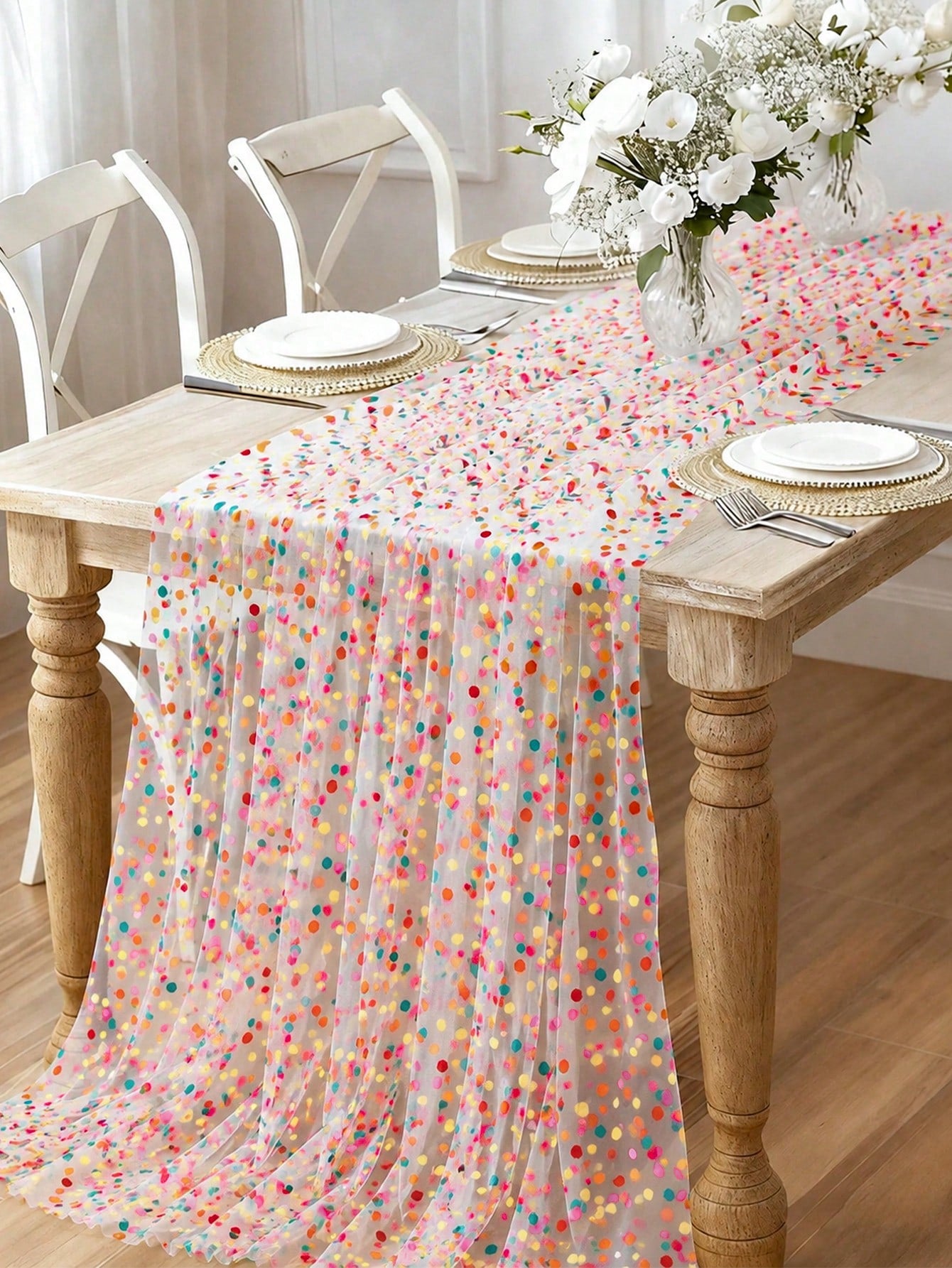 1pc Colorful Mesh Tablecloth, Colorful Polka Dot Pattern Mesh Table Cover, Baby Shower Party Table Mat, Dining Table Centerpiece Decoration, Kitchen Dinner Table Decoration, Birthday Party Decoration