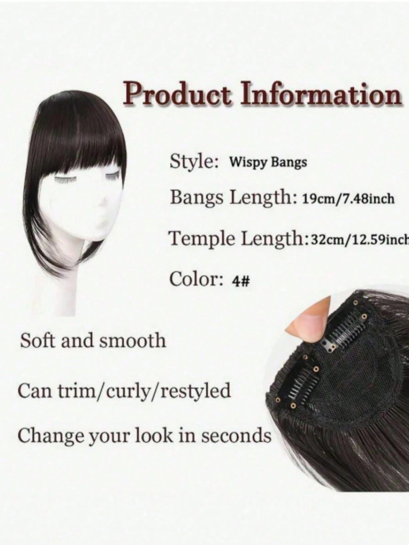 1pc Colorful Synthetic Clip-In Bangs, Natural Seamless Invisible Air Bangs And Side Part Hair Extensions For Women, Suitable For Students And Daily Wear, Multiple Colors Available (May Slightly Differ