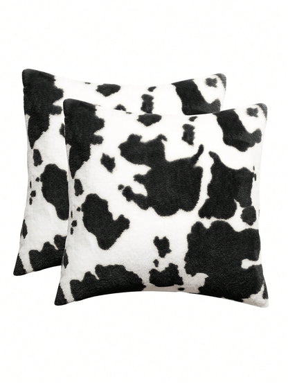 1pc Cow Pattern Decorative Throw Pillow Cover, Fluffy Western Cow Design, Suitable For Sofa, Living Room- Black