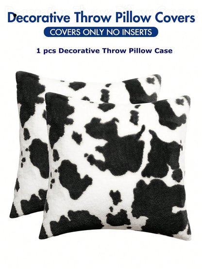 1pc Cow Pattern Decorative Throw Pillow Cover, Fluffy Western Cow Design, Suitable For Sofa, Living Room- Black