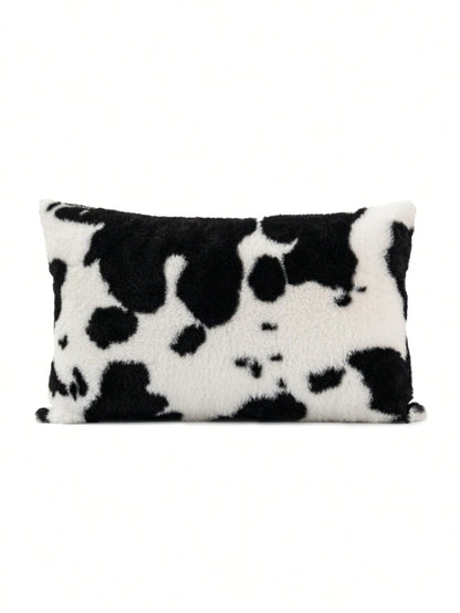 1pc Cow Pattern Decorative Throw Pillow Cover, Fluffy Western Cow Design, Suitable For Sofa, Living Room- Black