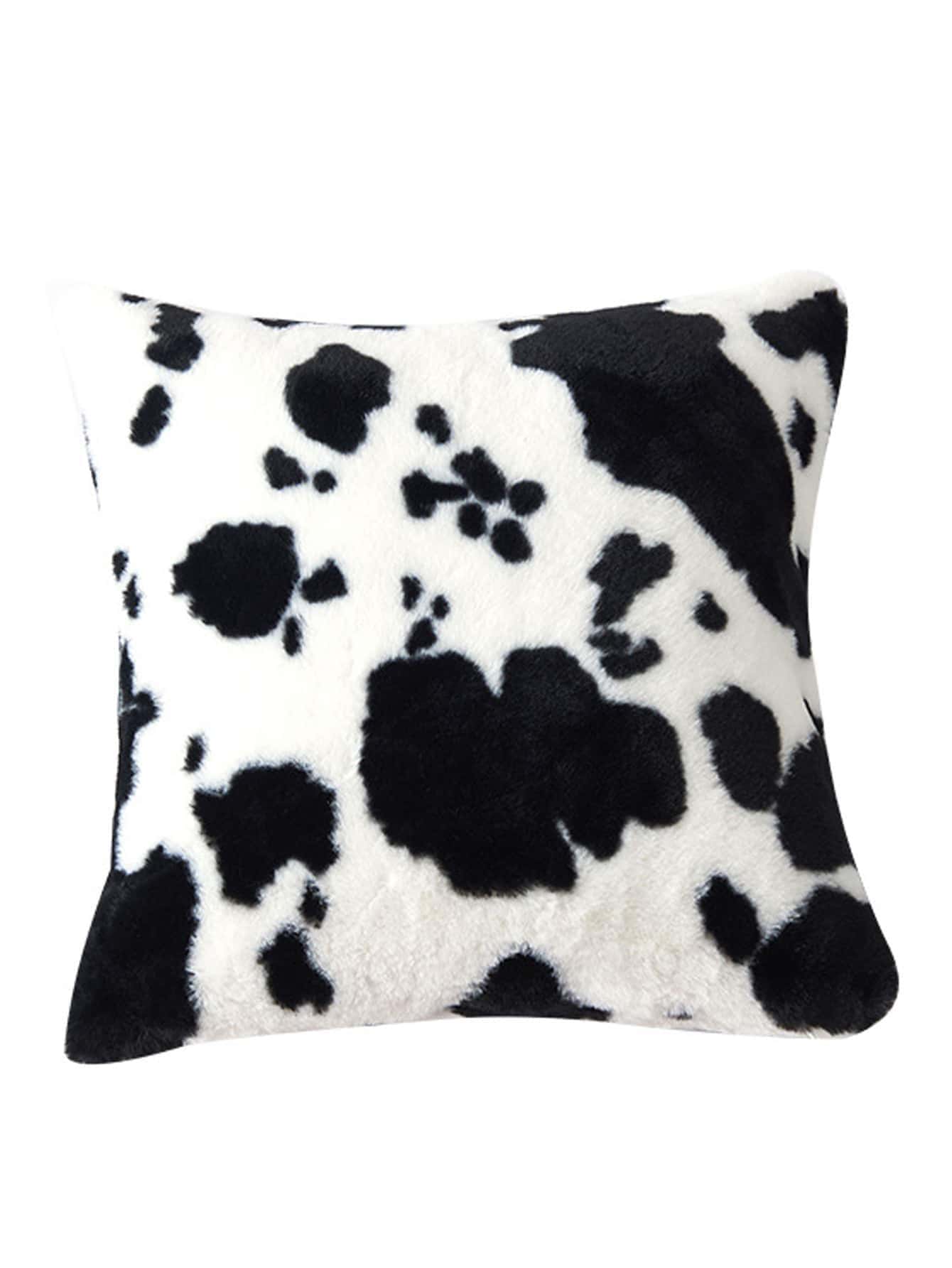1pc Cow Pattern Decorative Throw Pillow Cover, Fluffy Western Cow Design, Suitable For Sofa, Living Room- Black