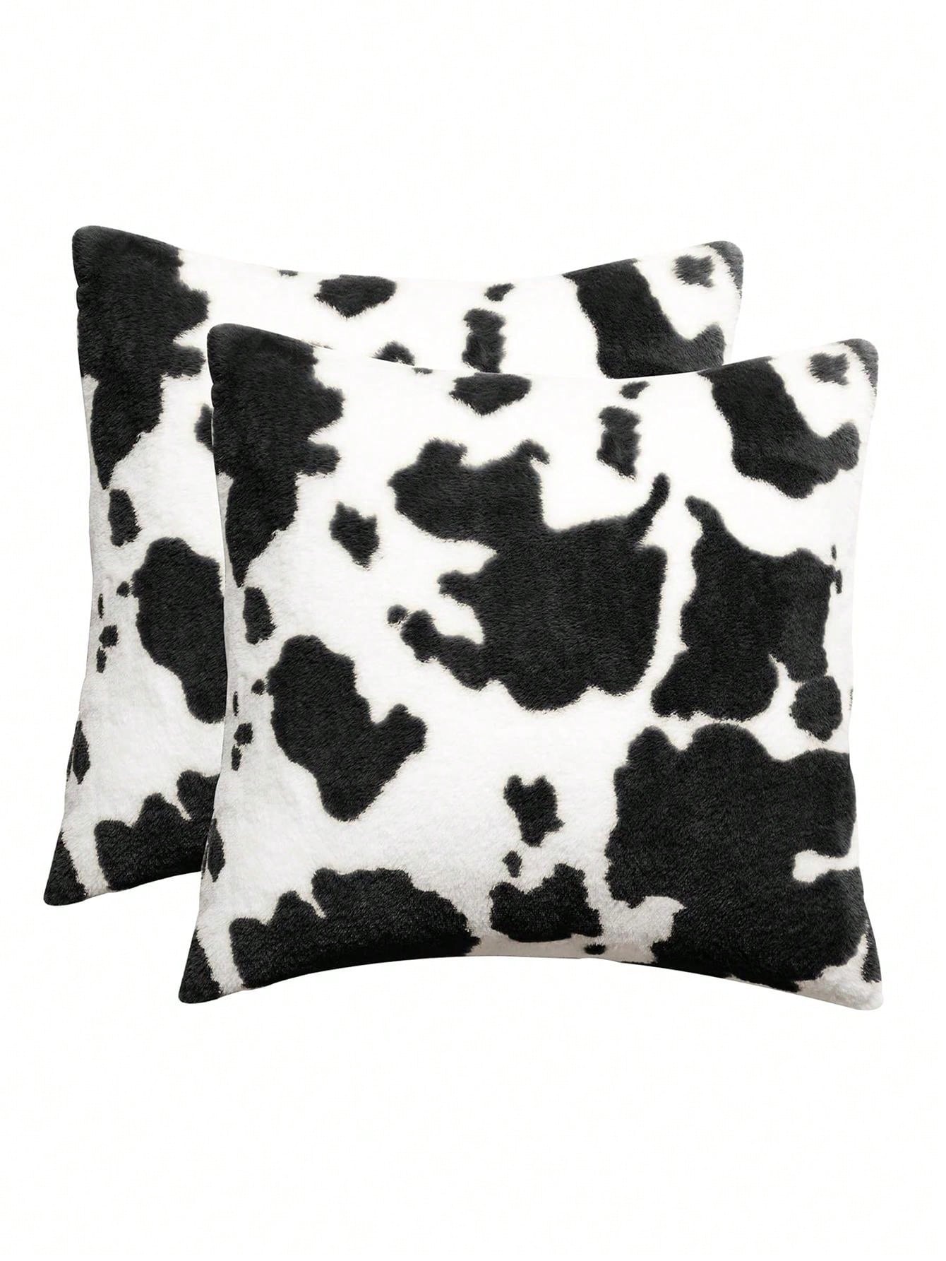 1pc Cow Pattern Decorative Throw Pillow Cover, Fluffy Western Cow Design, Suitable For Sofa, Living Room- Black
