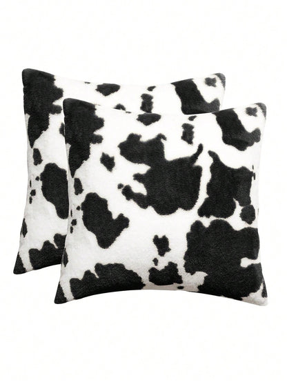 1pc Cow Pattern Decorative Throw Pillow Cover, Fluffy Western Cow Design, Suitable For Sofa, Living Room- Black
