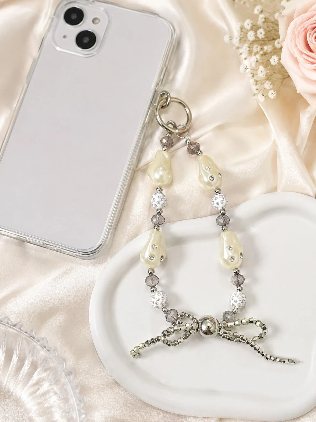 1pc Cream Glossy Irregular Baroque Pearl, Surface Inlaid With Fine Sparkling Rhinestones, Paired With Iridescent Full Rhinestone Ball And Cold Smoke Crystal Faceted Crystal, Bottom Hand-Woven Silver B