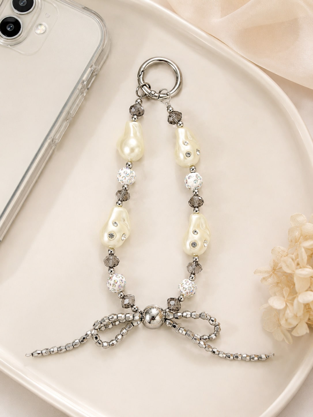 1pc Cream Glossy Irregular Baroque Pearl, Surface Inlaid With Fine Sparkling Rhinestones, Paired With Iridescent Full Rhinestone Ball And Cold Smoke Crystal Faceted Crystal, Bottom Hand-Woven Silver B