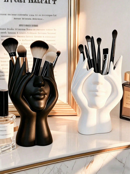 1pc Creative Design Handmade Makeup Brush Holder- This Unique Makeup Brush Holder Is Made Of Decorative Resin, A Desktop Makeup Brush Organizer. It Features An Anti-Drop Design, Exquisite Carved Deco