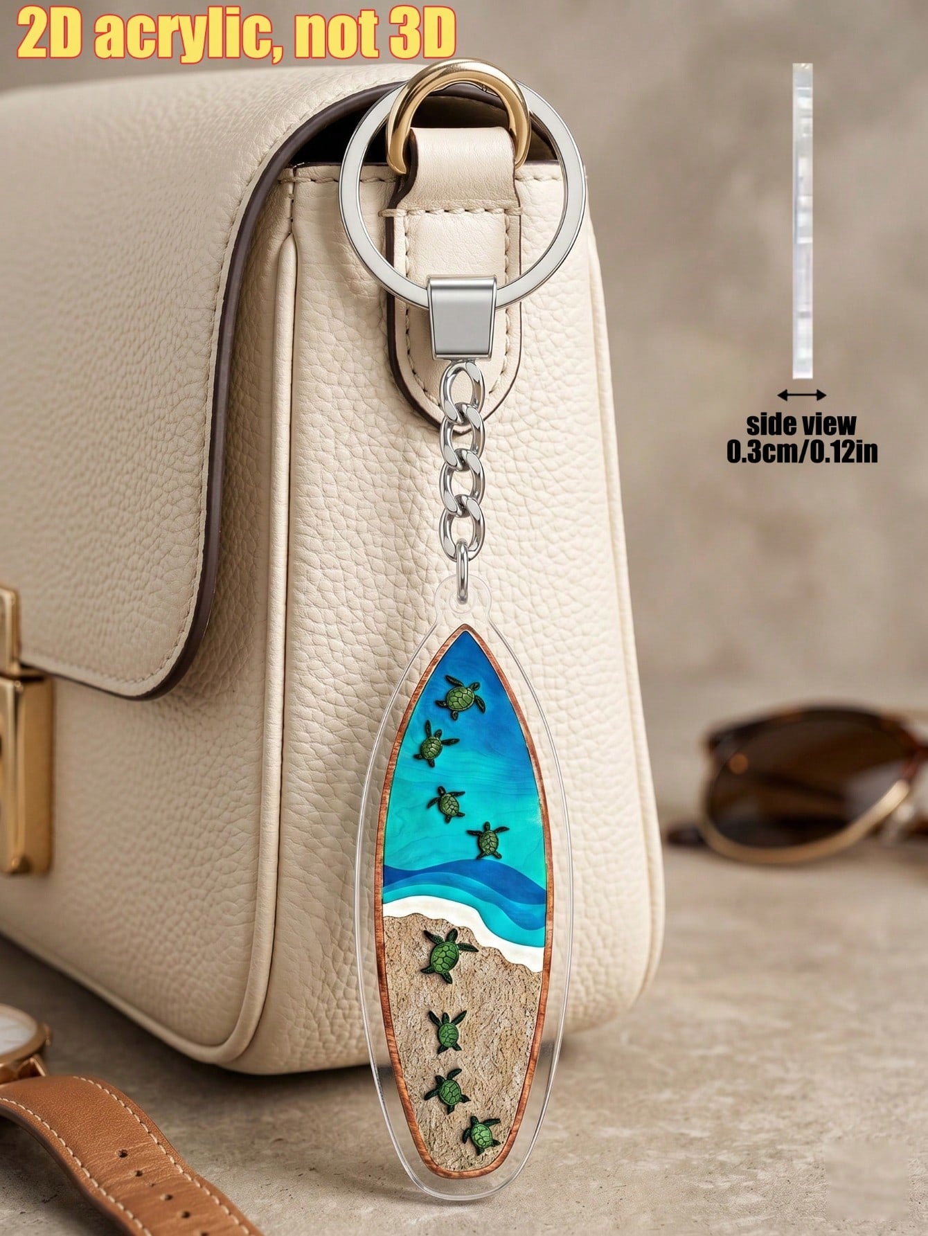1pc Creative Summer Turtle Surfboard Acrylic Keychain, Unisex Flat High-Definition Printed Bag Charm, Eye-Catching Rearview Mirror Pendant, Suitable For Daily Home Decor, Personalized Portable Craft
