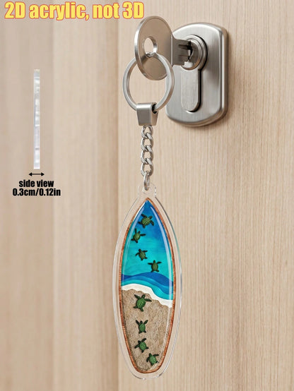 1pc Creative Summer Turtle Surfboard Acrylic Keychain, Unisex Flat High-Definition Printed Bag Charm, Eye-Catching Rearview Mirror Pendant, Suitable For Daily Home Decor, Personalized Portable Craft