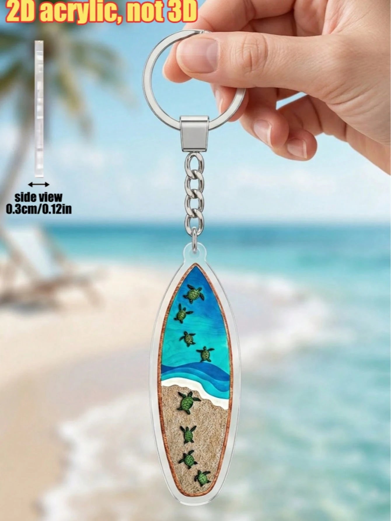 1pc Creative Summer Turtle Surfboard Acrylic Keychain, Unisex Flat High-Definition Printed Bag Charm, Eye-Catching Rearview Mirror Pendant, Suitable For Daily Home Decor, Personalized Portable Craft