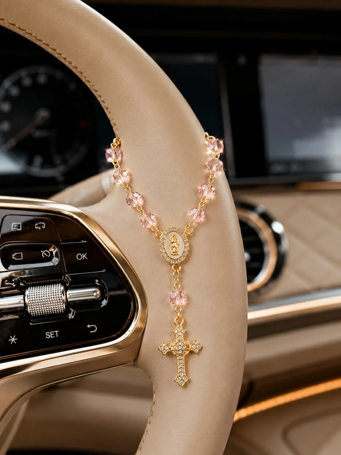 1pc Crystal Virgin Mary Rhinestone Cross Pendant, Elegant Women's Car Interior Decor Hanging Ornament, Universal Decoration For Steering Wheel, Rearview Mirror And Handbag, Exquisite Religious Style G